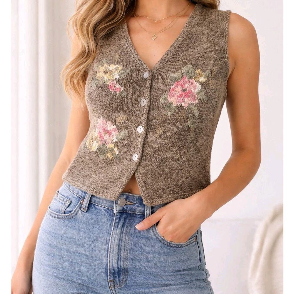 Susan Bristol Floral Sweater Vest '97 Hand Embroidered Boho Granny Cottagecore